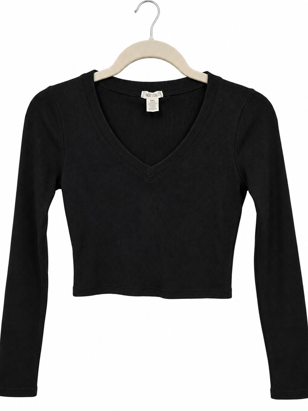 Bozzolo Black V-Neck Long Sleeve Crop Top - Women's Small Y2K